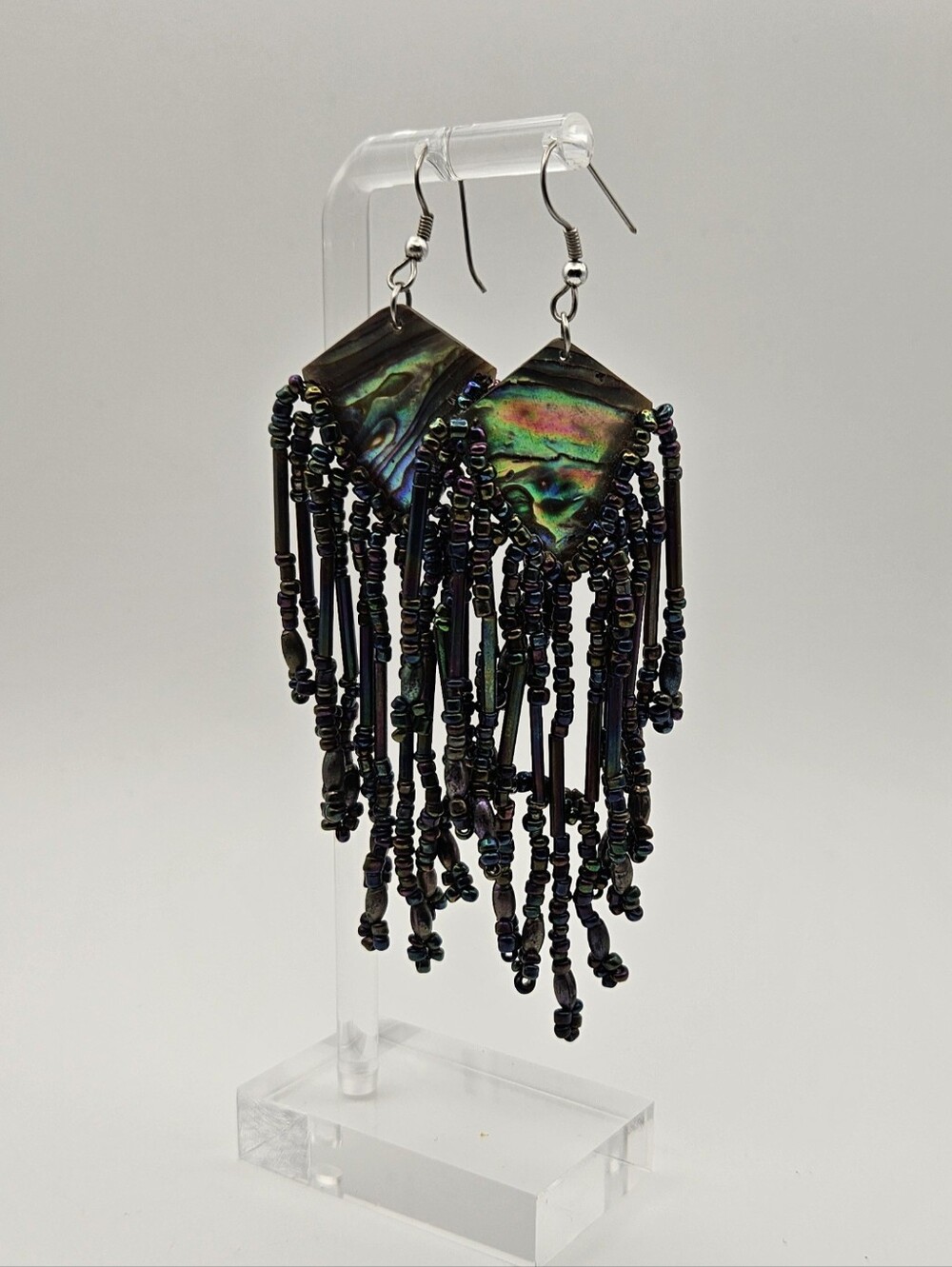 Abalone Shell Beaded Fringe Earrings Boho Iridescent